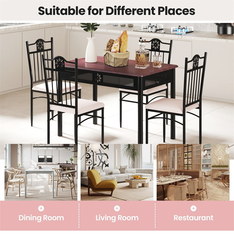 5 Piece Metal Dining Set with 4 Padded Chairs & Wood Top Dining Table, Vintage Kitchen Breakfast Furniture Set for Home Dining Room