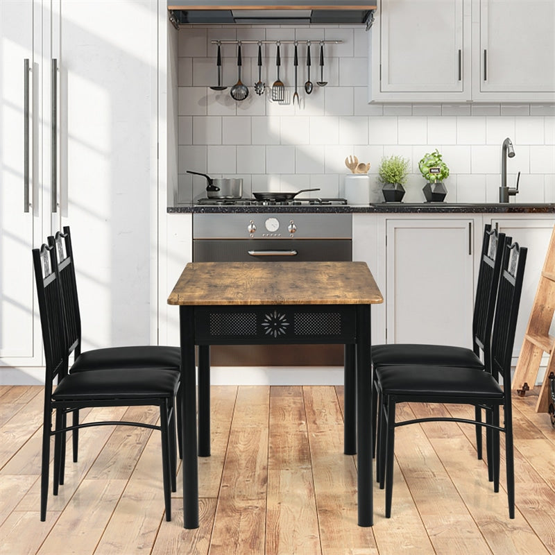 5 Piece Metal Dining Set with 4 Padded Chairs & Wood Top Dining Table, Vintage Kitchen Breakfast Furniture Set for Home Dining Room