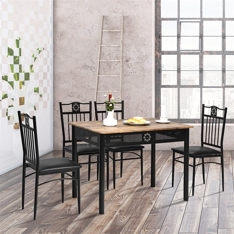 5 Piece Metal Dining Set with 4 Padded Chairs & Wood Top Dining Table, Vintage Kitchen Breakfast Furniture Set for Home Dining Room