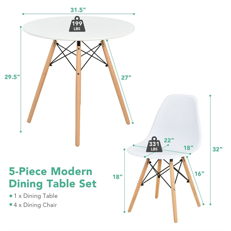 5 Piece Modern Round Dining Table Set for 4 Kitchen Table Set with 4 DSW Dining Chairs & Solid Wood Legs