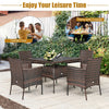 5 Piece Outdoor Rattan Dining Table Set with Tempered Glass Tabletop and 4 Cushioned Chairs