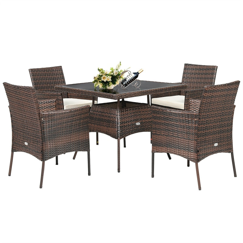 5 Piece Outdoor Rattan Dining Table Set with Tempered Glass Tabletop and 4 Cushioned Chairs