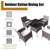 5 Piece Outdoor Rattan Dining Table Set with Tempered Glass Tabletop and 4 Cushioned Chairs