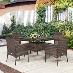 5 Piece Outdoor Rattan Dining Table Set with Tempered Glass Tabletop and 4 Cushioned Chairs