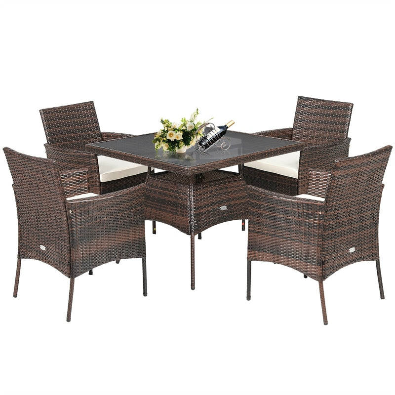 5 Piece Outdoor Rattan Dining Table Set with Tempered Glass Tabletop and 4 Cushioned Chairs