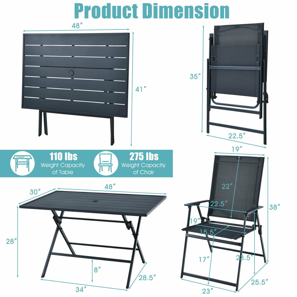 5 Piece Patio Dining Set Metal Frame Outdoor Folding Table with Mesh Fabric Armchairs & Umbrella Hole, No Assembly, Space-Saving Dining Furniture Set