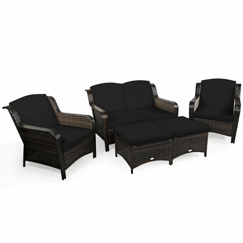 5 Piece Patio Rattan Furniture Set Sectional Sofa Set with Cushions, 2 Ottomans & Loveseat, Outdoor Wicker Conversation Set for Backyard