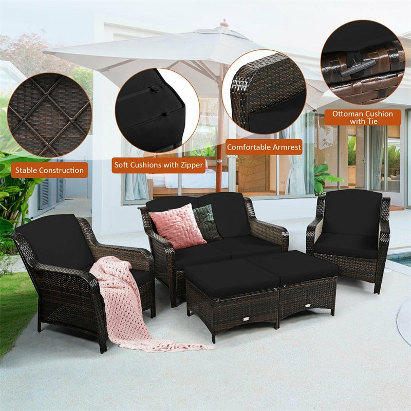 5 Piece Patio Rattan Furniture Set Sectional Sofa Set with Cushions, 2 Ottomans & Loveseat, Outdoor Wicker Conversation Set for Backyard