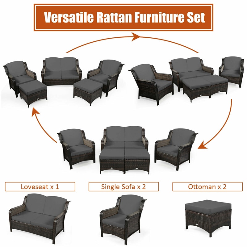 5 Piece Patio Rattan Furniture Set Sectional Sofa Set with Cushions, 2 Ottomans & Loveseat, Outdoor Wicker Conversation Set for Backyard