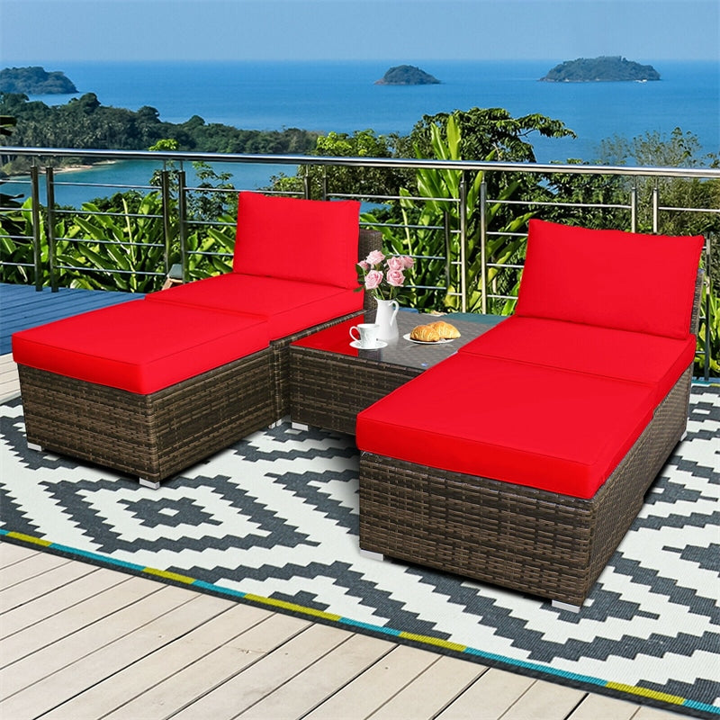 5 Piece Patio Rattan Furniture Set with Armless Chairs, Ottomans & Coffee Table, Outdoor Wicker Sectional Sofa Set with Washable Cushions