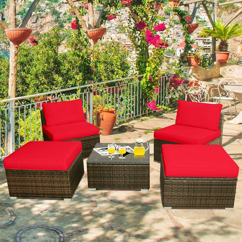 5 Piece Patio Rattan Furniture Set with Armless Chairs, Ottomans & Coffee Table, Outdoor Wicker Sectional Sofa Set with Washable Cushions