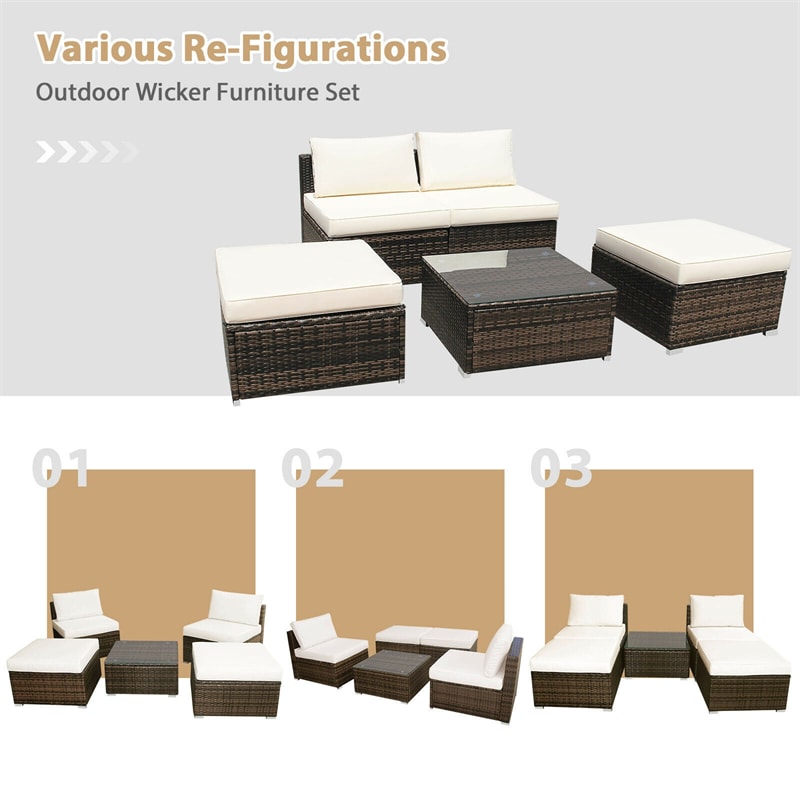 5 Piece Patio Rattan Furniture Set with Armless Chairs, Ottomans & Coffee Table, Outdoor Wicker Sectional Sofa Set with Washable Cushions