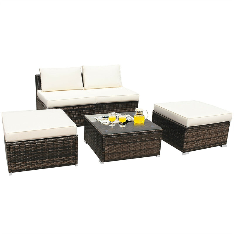 5 Piece Patio Rattan Furniture Set with Armless Chairs, Ottomans & Coffee Table, Outdoor Wicker Sectional Sofa Set with Washable Cushions