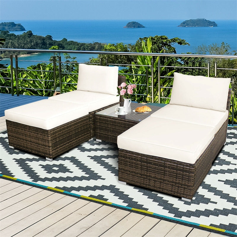 5 Piece Patio Rattan Furniture Set with Armless Chairs, Ottomans & Coffee Table, Outdoor Wicker Sectional Sofa Set with Washable Cushions