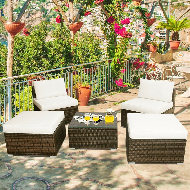 5 Piece Patio Rattan Furniture Set with Armless Chairs, Ottomans & Coffee Table, Outdoor Wicker Sectional Sofa Set with Washable Cushions