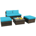 5 Piece Patio Rattan Furniture Set with Armless Chairs, Ottomans & Coffee Table, Outdoor Wicker Sectional Sofa Set with Washable Cushions