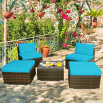 5 Piece Patio Rattan Furniture Set with Armless Chairs, Ottomans & Coffee Table, Outdoor Wicker Sectional Sofa Set with Washable Cushions