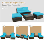 5 Piece Patio Rattan Furniture Set with Armless Chairs, Ottomans & Coffee Table, Outdoor Wicker Sectional Sofa Set with Washable Cushions