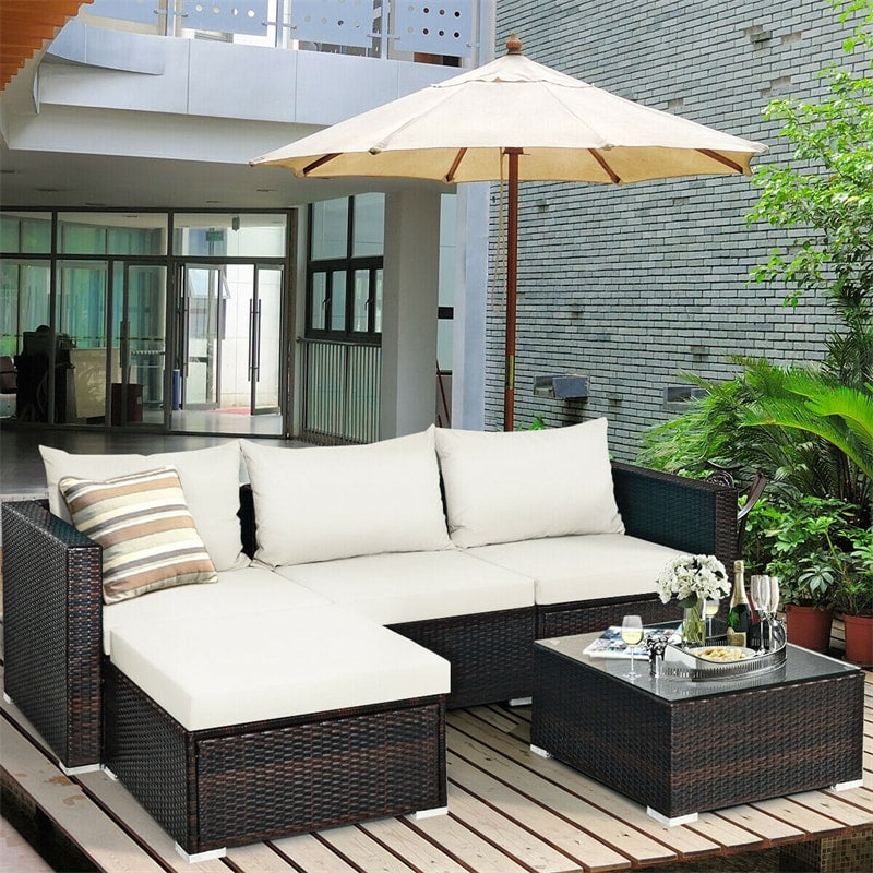 5 Piece Wicker Outdoor Sectional Sofa Rattan Patio Conversation Set with Coffee Table & Cushions