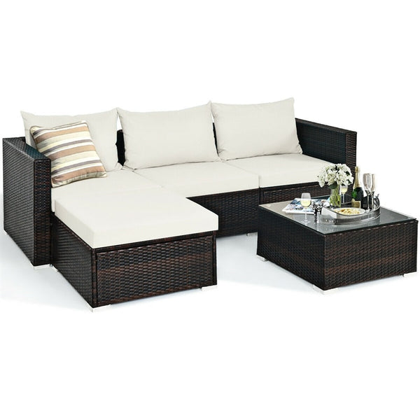 5 Piece Wicker Outdoor Sectional Sofa Rattan Patio Conversation Set with Coffee Table & Cushions