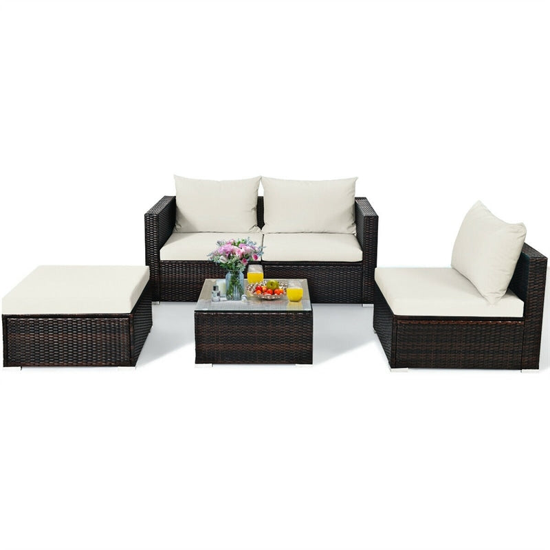 5 Piece Wicker Outdoor Sectional Sofa Rattan Patio Conversation Set with Coffee Table & Cushions