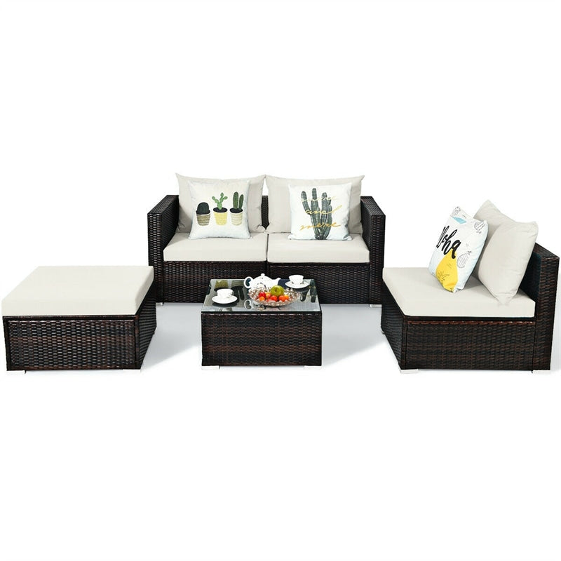 5 Piece Wicker Outdoor Sectional Sofa Rattan Patio Conversation Set with Coffee Table & Cushions