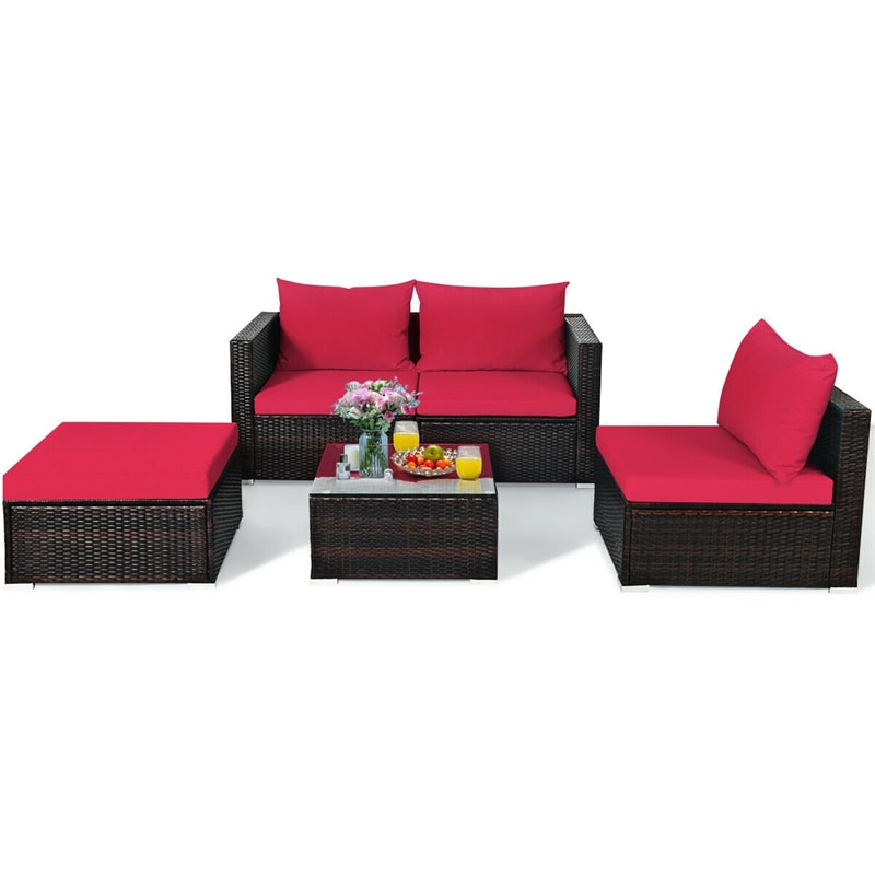 5 Piece Wicker Outdoor Sectional Sofa Rattan Patio Conversation Set with Coffee Table & Cushions