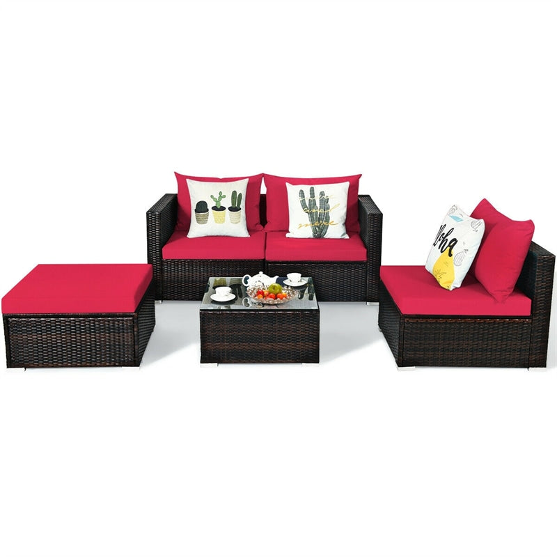 5 Piece Wicker Outdoor Sectional Sofa Rattan Patio Conversation Set with Coffee Table & Cushions