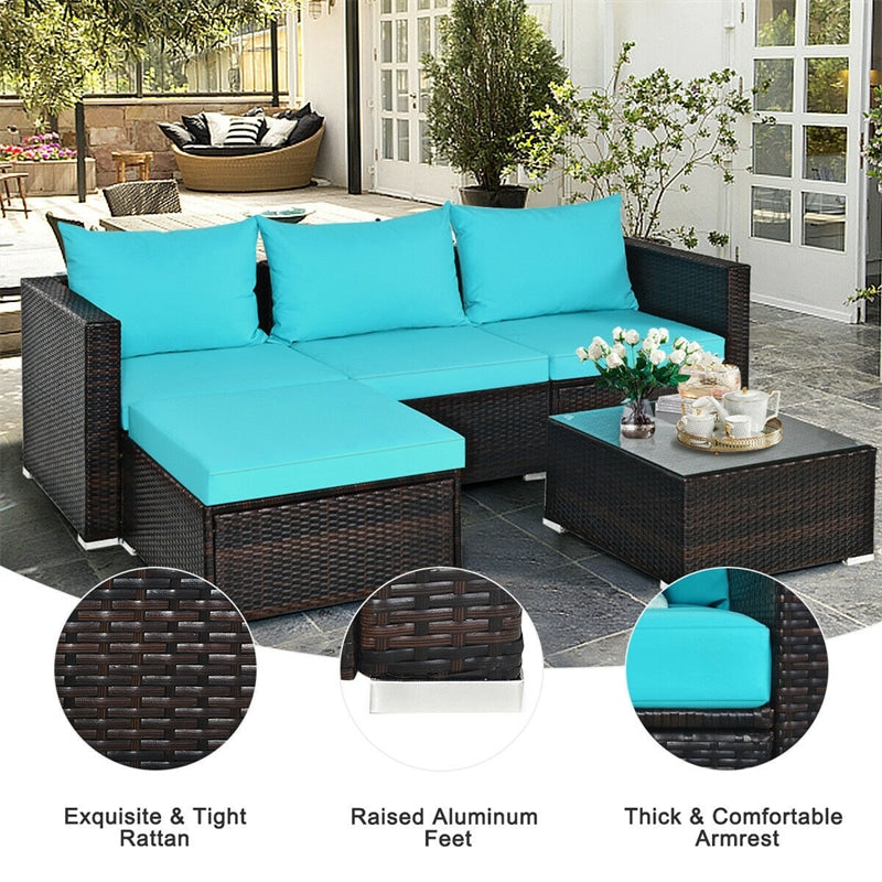 5 Piece Wicker Outdoor Sectional Sofa Rattan Patio Conversation Set with Coffee Table & Cushions