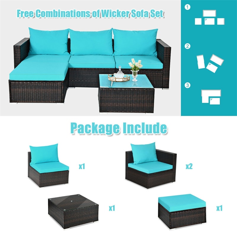 5 Piece Wicker Outdoor Sectional Sofa Rattan Patio Conversation Set with Coffee Table & Cushions