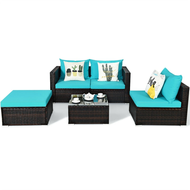 5 Piece Wicker Outdoor Sectional Sofa Rattan Patio Conversation Set with Coffee Table & Cushions