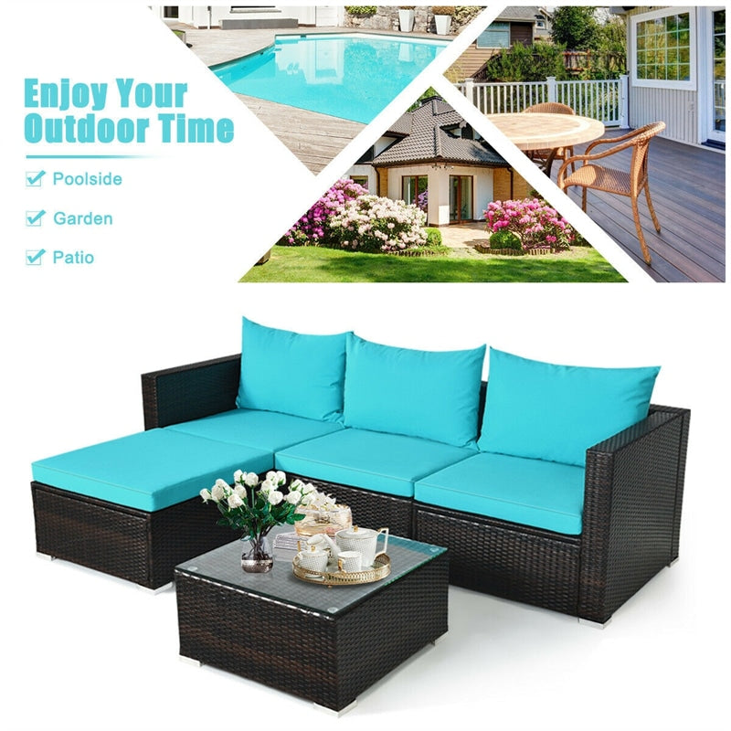 5 Piece Wicker Outdoor Sectional Sofa Rattan Patio Conversation Set with Coffee Table & Cushions