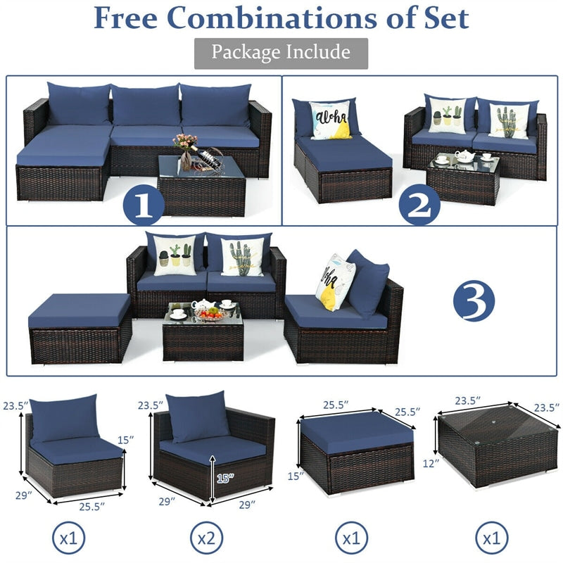 5 Piece Wicker Outdoor Sectional Sofa Rattan Patio Conversation Set with Coffee Table & Cushions