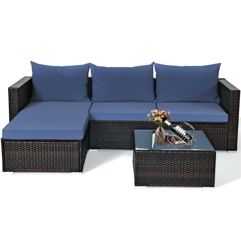 5 Piece Wicker Outdoor Sectional Sofa Rattan Patio Conversation Set with Coffee Table & Cushions