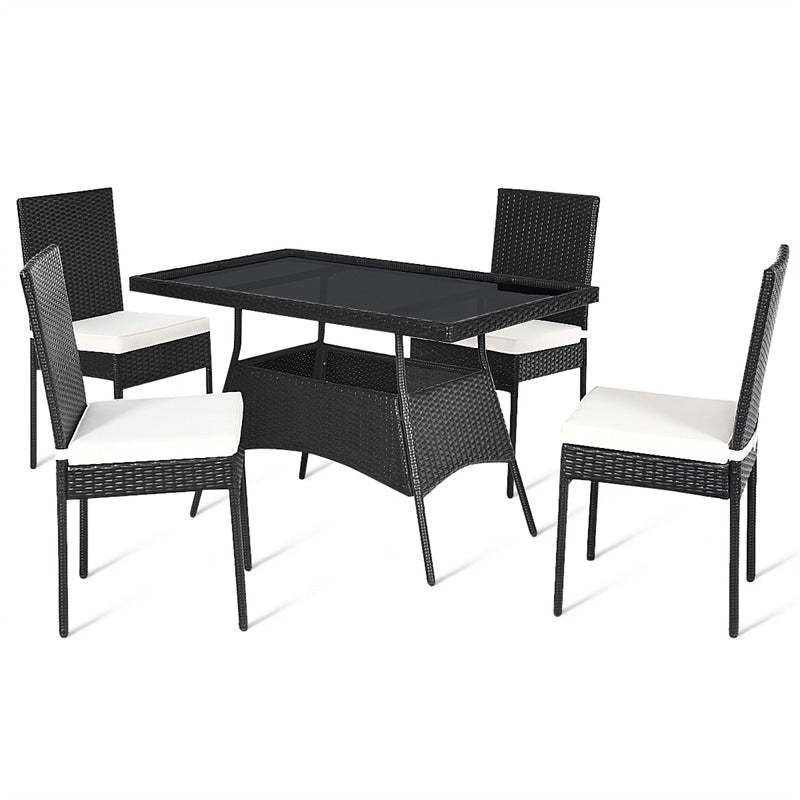 5 Piece Wicker Patio Dining Set Black PE Rattan Outdoor Table & Chairs Set with Tempered Glass Top Table & 4 Cushions for Garden Balcony Poolside