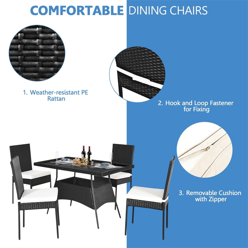 5 Piece Wicker Patio Dining Set Black PE Rattan Outdoor Table & Chairs Set with Tempered Glass Top Table & 4 Cushions for Garden Balcony Poolside