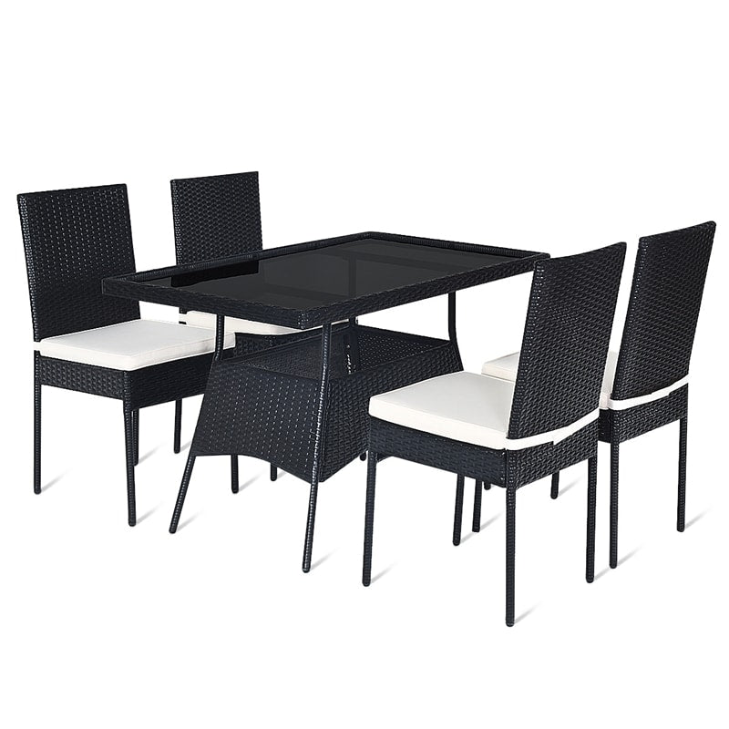 5 Piece Wicker Patio Dining Set Black PE Rattan Outdoor Table & Chairs Set with Tempered Glass Top Table & 4 Cushions for Garden Balcony Poolside