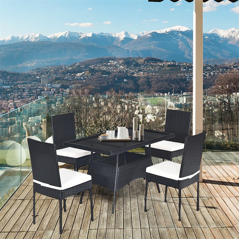 5 Piece Wicker Patio Dining Set Black PE Rattan Outdoor Table & Chairs Set with Tempered Glass Top Table & 4 Cushions for Garden Balcony Poolside