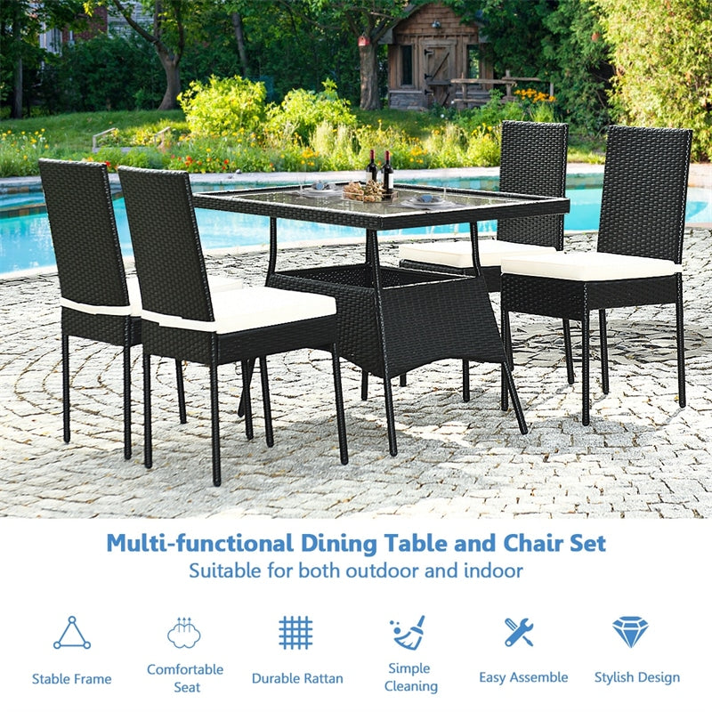 5 Piece Wicker Patio Dining Set Black PE Rattan Outdoor Table & Chairs Set with Tempered Glass Top Table & 4 Cushions for Garden Balcony Poolside