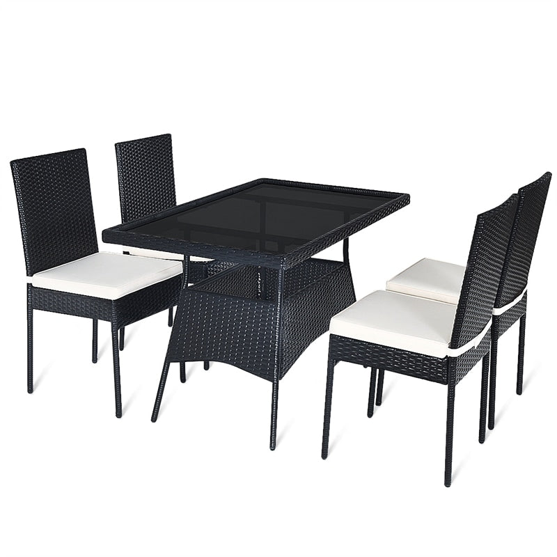 5 Piece Wicker Patio Dining Set Black PE Rattan Outdoor Table & Chairs Set with Tempered Glass Top Table & 4 Cushions for Garden Balcony Poolside