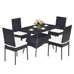 5 Piece Wicker Patio Dining Set Black PE Rattan Outdoor Table & Chairs Set with Tempered Glass Top Table & 4 Cushions for Garden Balcony Poolside