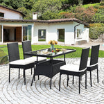 5 Piece Wicker Patio Dining Set Black PE Rattan Outdoor Table & Chairs Set with Tempered Glass Top Table & 4 Cushions for Garden Balcony Poolside