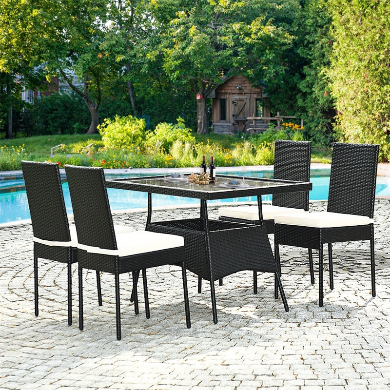 5 Piece Wicker Patio Dining Set Black PE Rattan Outdoor Table & Chairs Set with Tempered Glass Top Table & 4 Cushions for Garden Balcony Poolside