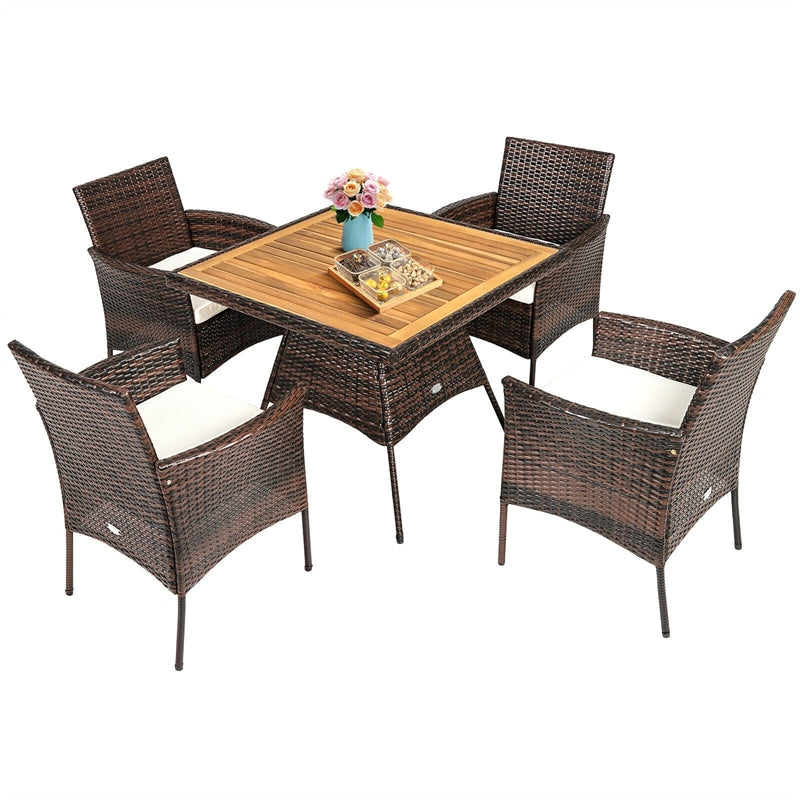 5 Piece Wicker Patio Dining Table Set Rattan Furniture Set with Cushioned Armchairs & Umbrella Hole