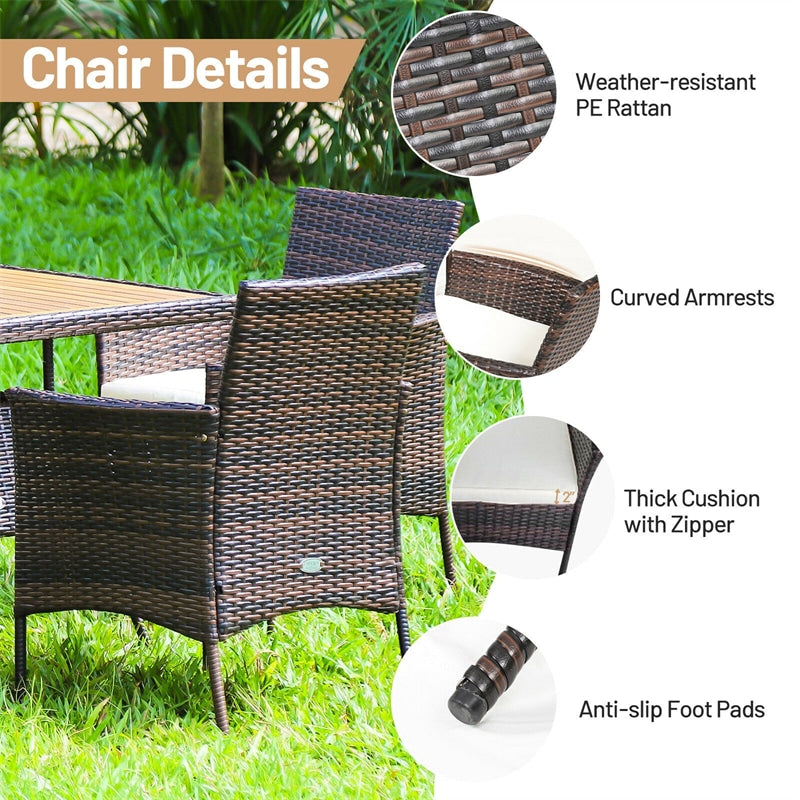 5 Piece Wicker Patio Dining Table Set Rattan Furniture Set with Cushioned Armchairs & Umbrella Hole