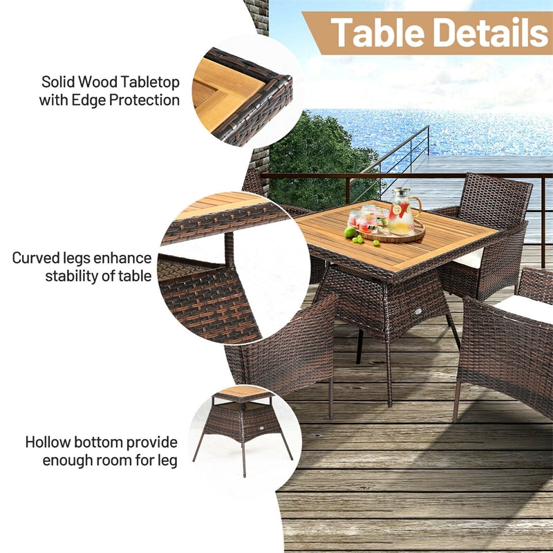 5 Piece Wicker Patio Dining Table Set Rattan Furniture Set with Cushioned Armchairs & Umbrella Hole