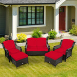 5 Piece Patio Rattan Furniture Set Sectional Sofa Set with Cushions, 2 Ottomans & Loveseat, Outdoor Wicker Conversation Set for Backyard