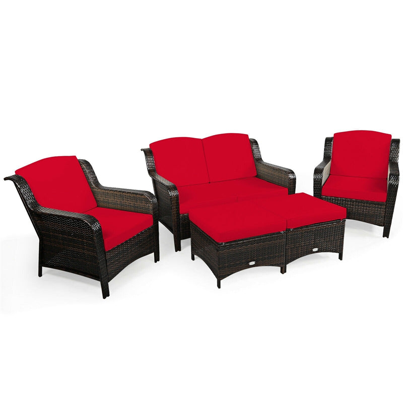 5 Piece Patio Rattan Furniture Set Sectional Sofa Set with Cushions, 2 Ottomans & Loveseat, Outdoor Wicker Conversation Set for Backyard