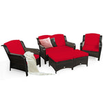 5 Piece Patio Rattan Furniture Set Sectional Sofa Set with Cushions, 2 Ottomans & Loveseat, Outdoor Wicker Conversation Set for Backyard