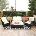 5 Piece Patio Rattan Furniture Set Sectional Sofa Set with Cushions, 2 Ottomans & Loveseat, Outdoor Wicker Conversation Set for Backyard